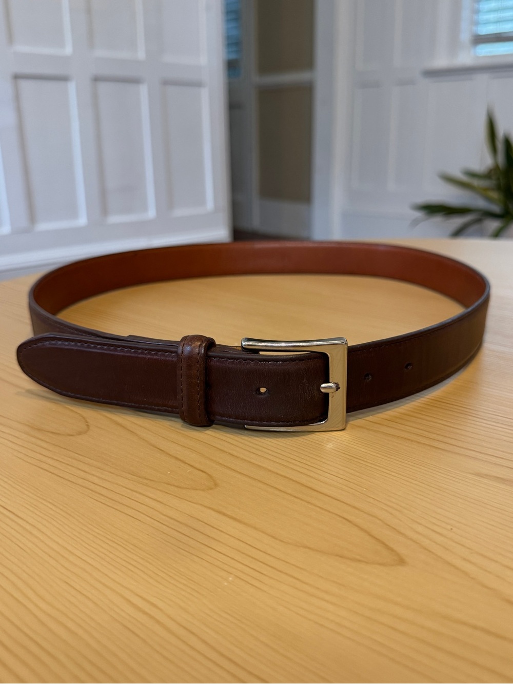 Oak Street Bootmakers Brown Leather Dress Belt Chromexcel Silver-tone Buckle 38